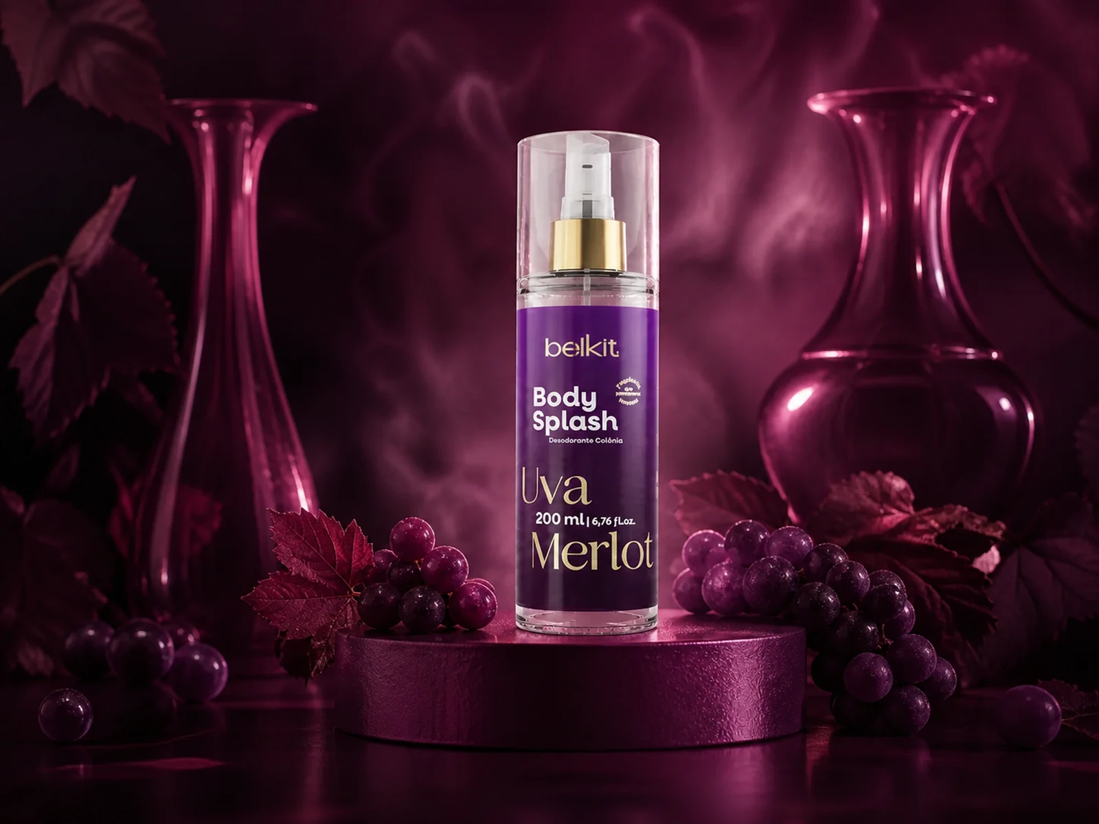 Body Splash Uva Merlot Belkit em cenário vinho com uvas e reflexos magenta
