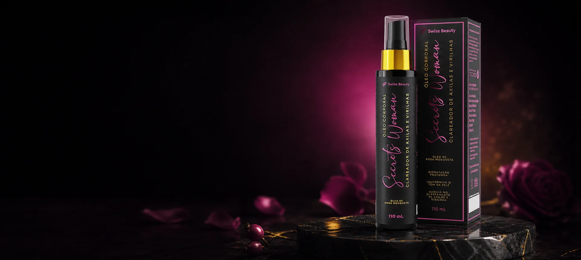 Óleo Corporal Clareador Secrets Woman 110 ml Swiss Beauty em campanha preta e magenta
