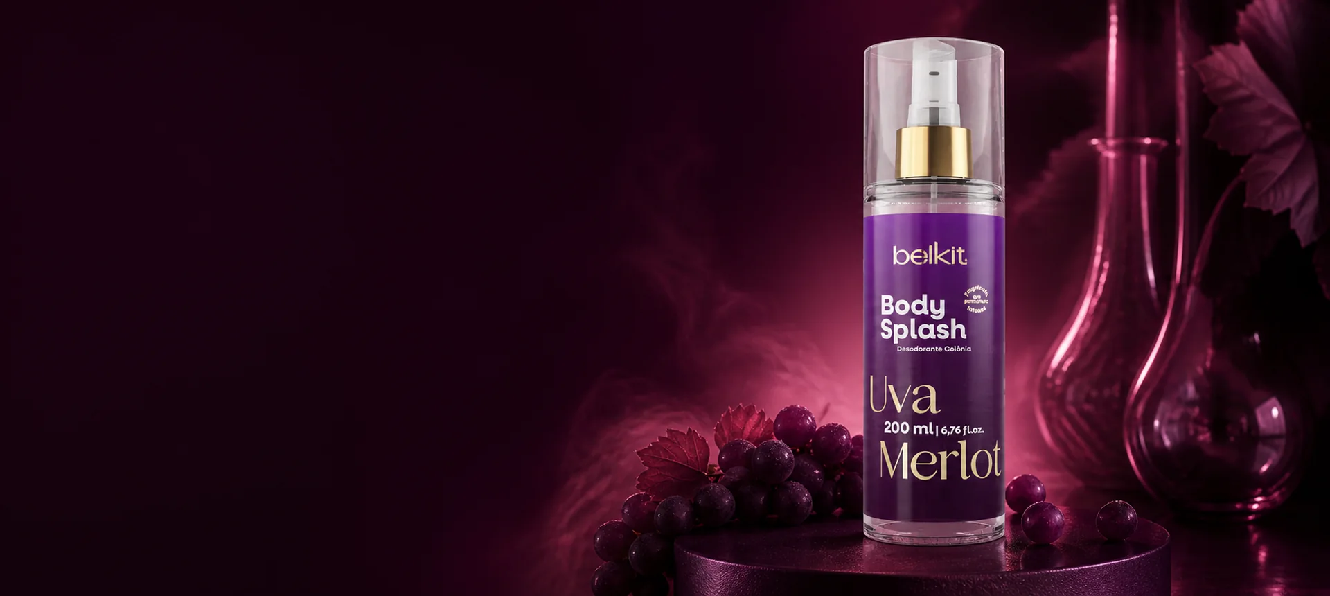 Body Splash Uva Merlot 200 ml Belkit em campanha de lançamento vinho e ameixa