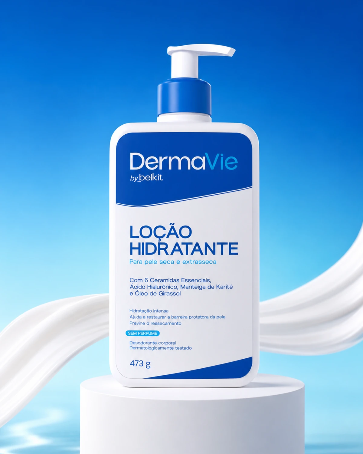 Loção Hidratante Dermavie 473 g em composição azul e branca